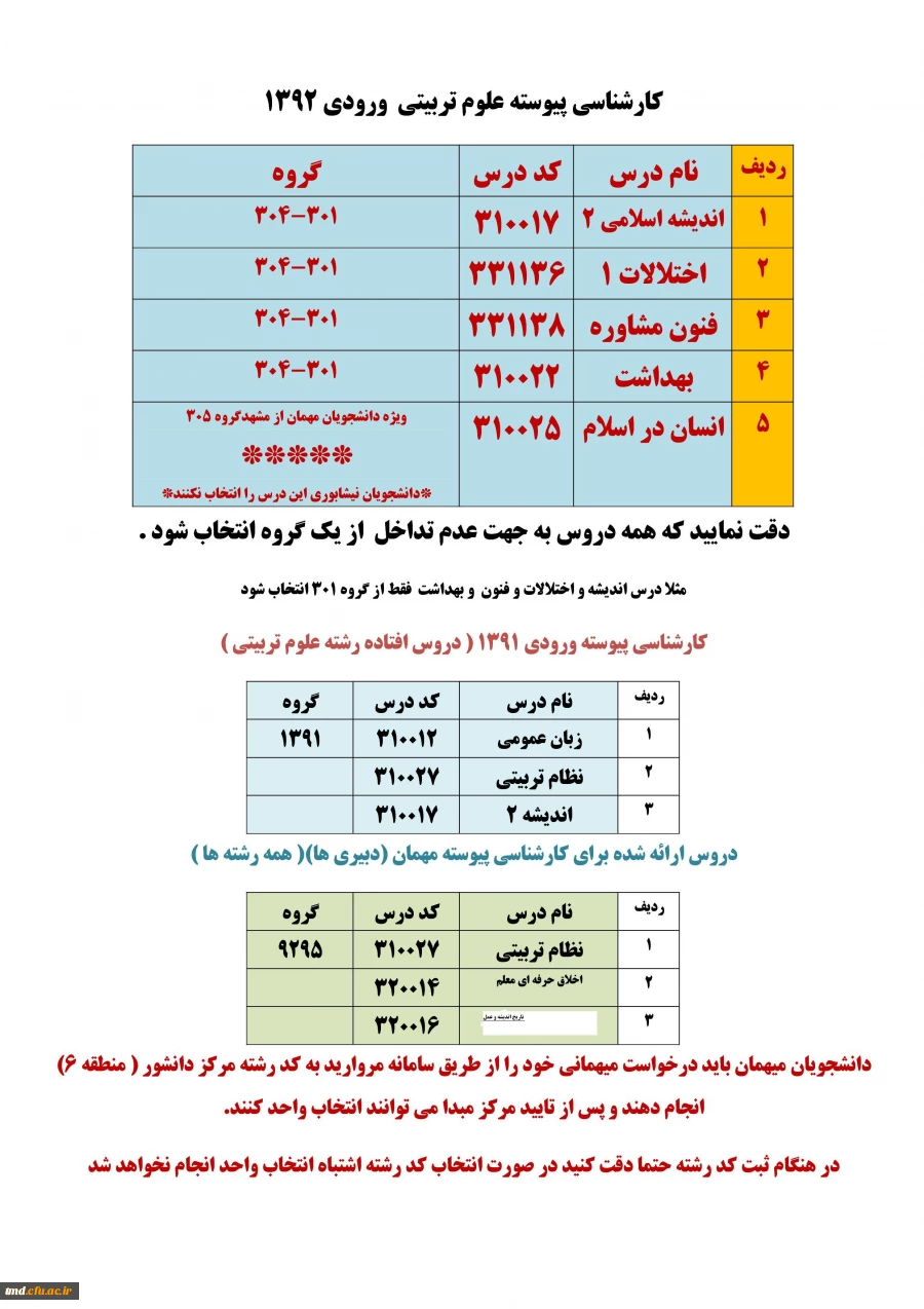 دروس  ترم تابستانی کارشناسی پیوسته