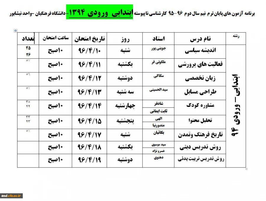 برنامه امتحانی  تیرماه 1396 5