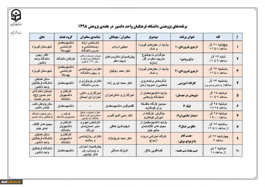 روز شمار هفته پژوهش و برنامه های واحد دانشور در این هفته 