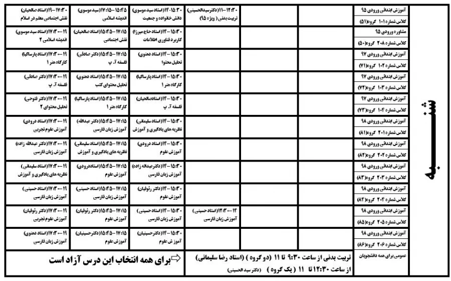برنامه دروس ارائه شده و زمان دروس ویژه ترم دوم  و راهنمای انتخاب واحد  ( برادران و خواهران ) 5