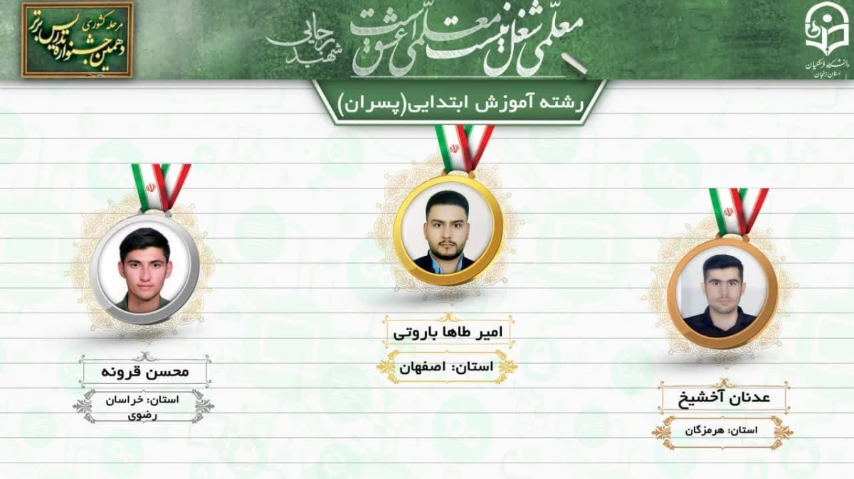 در مسابقات جشنواره تدریس کشوری انجام شد : 
درخشش آقای محسن قرونه دانشجوی ورودی 1398  و کسب مقام دوم کشوری در رشته آموزش ابتدائی  3