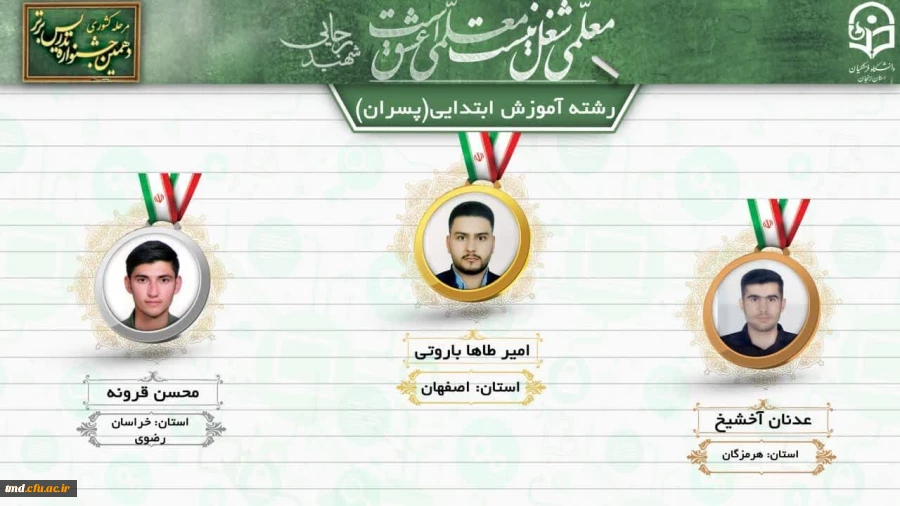 در مسابقات جشنواره تدریس کشوری انجام شد : 
درخشش آقای محسن قرونه دانشجوی ورودی 1398  و کسب مقام دوم کشوری در رشته آموزش ابتدائی  3