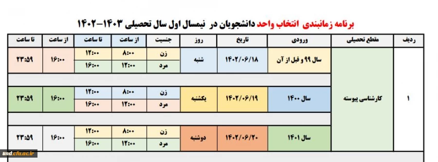 زمانبندی انتخاب واحد دانشجویان 